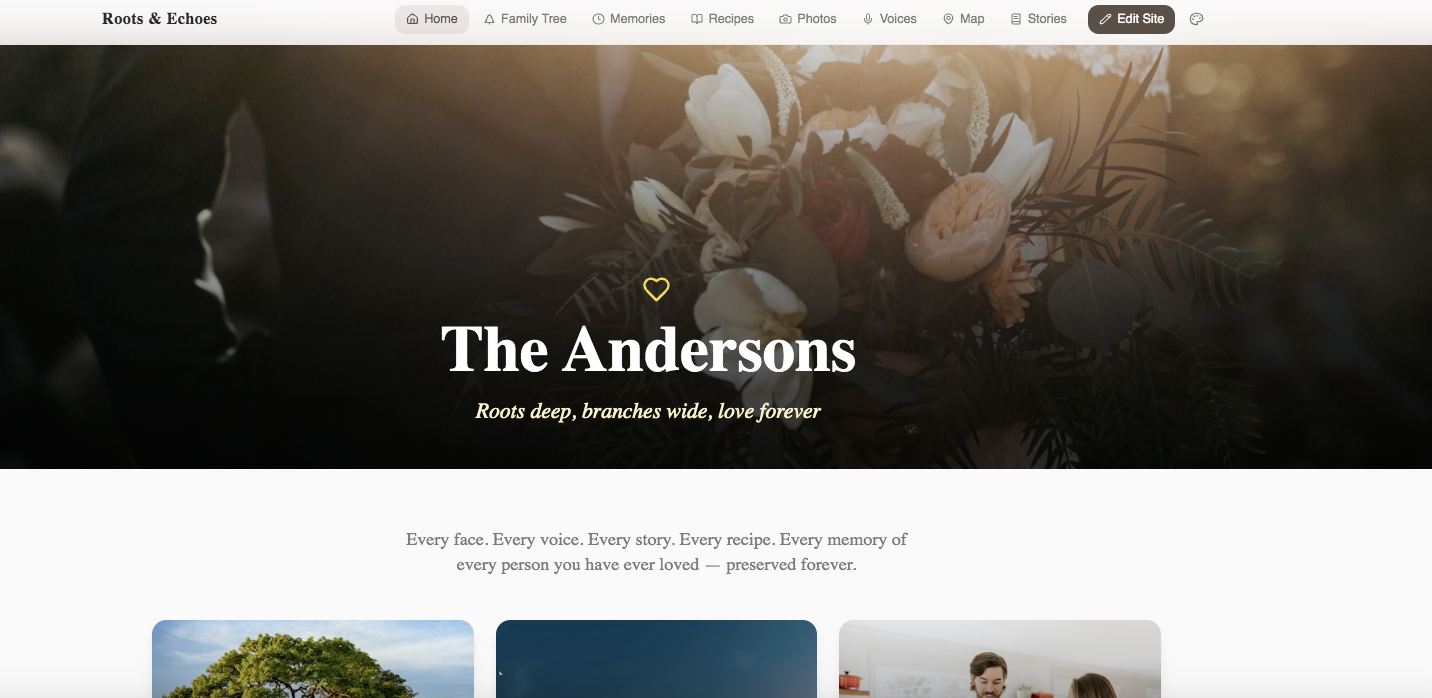 Roots & Echoes – Family Legacy Platform template preview
