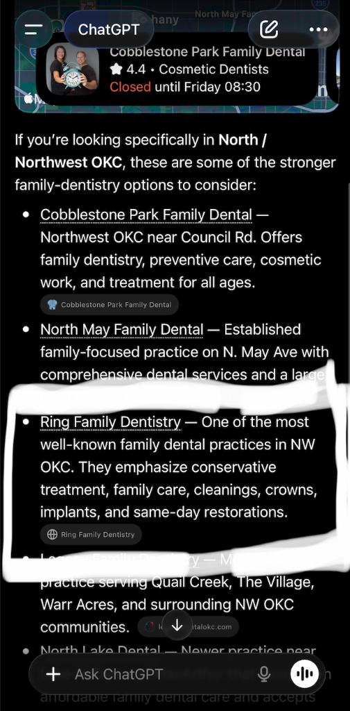 ChatGPT listing Ring Family Dentistry among top North/Northwest OKC family dentists