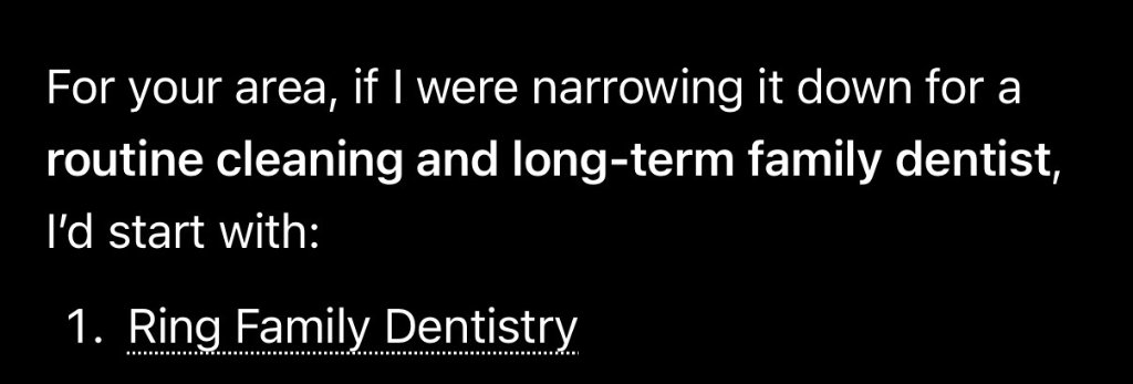 ChatGPT recommending Ring Family Dentistry as #1