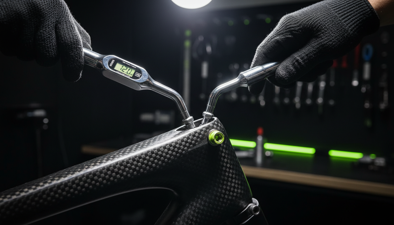 Professional bicycle repair in a dark workshop with precision tools