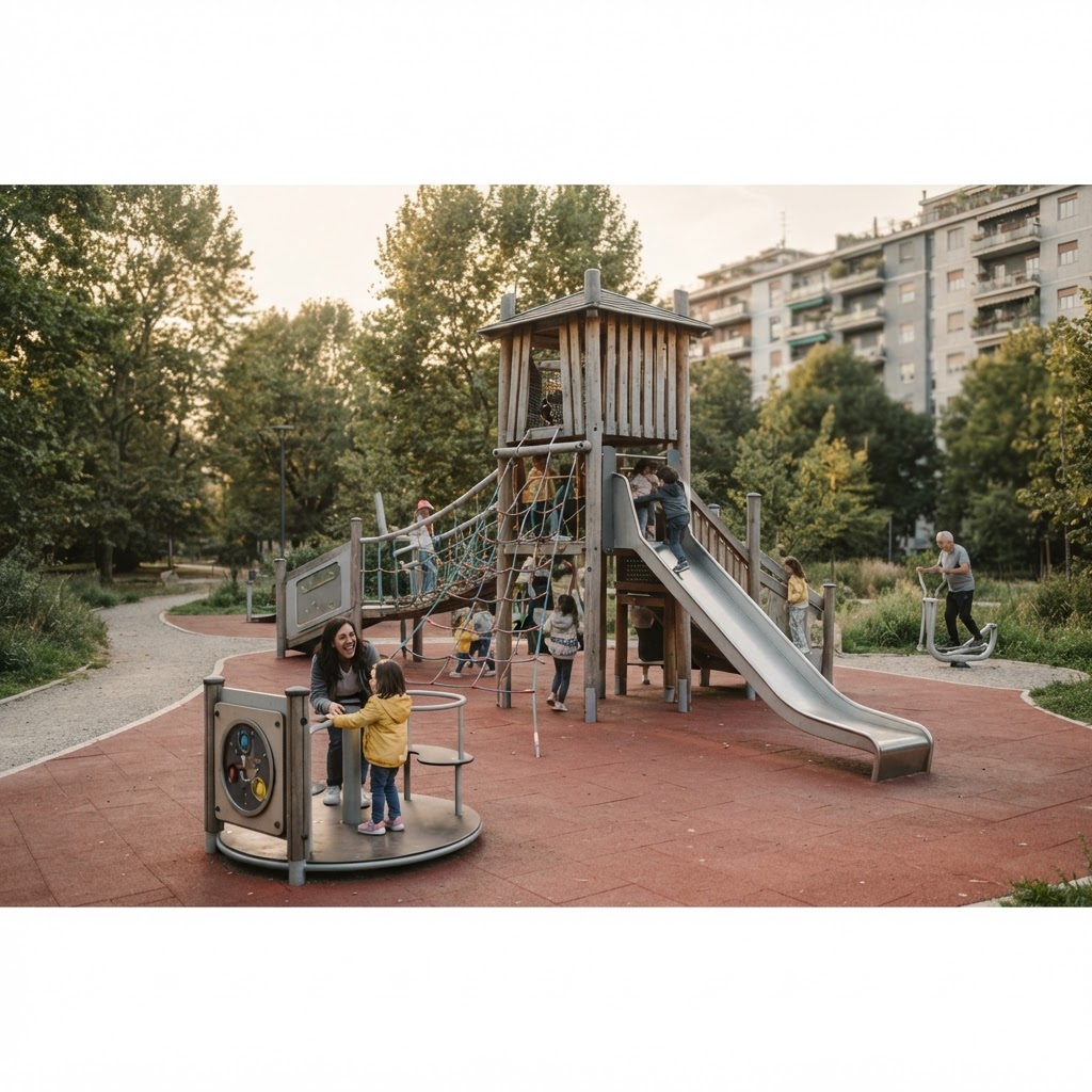 Parco giochi urbano con strutture da gioco, area fitness outdoor e percorsi accessibili