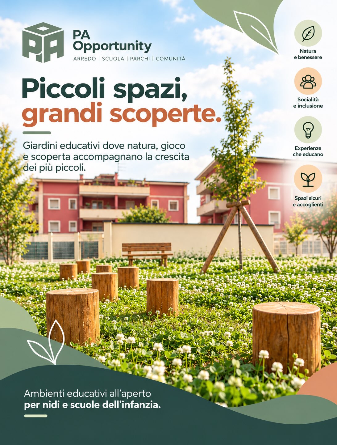 Giardino esterno di un nuovo asilo nido a Montesilvano (PE) arredato con sedute in legno, tronchi, cavalletti e spazi verdi per attività educative all'aperto, con edificio scolastico sullo sfondo.