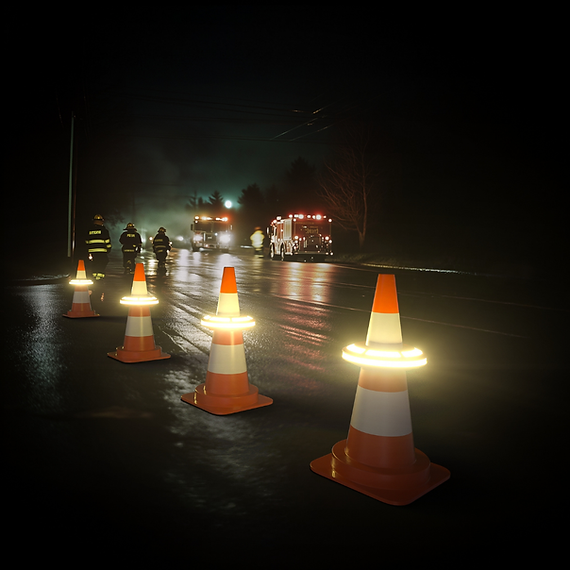 Strada di notte delimitata da coni con anelli luminosi a LED durante un intervento