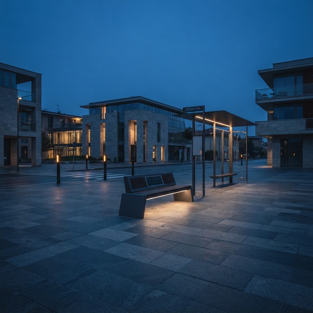 Spazio pubblico con arredo urbano smart, pensilina fotovoltaica e attraversamento pedonale luminoso