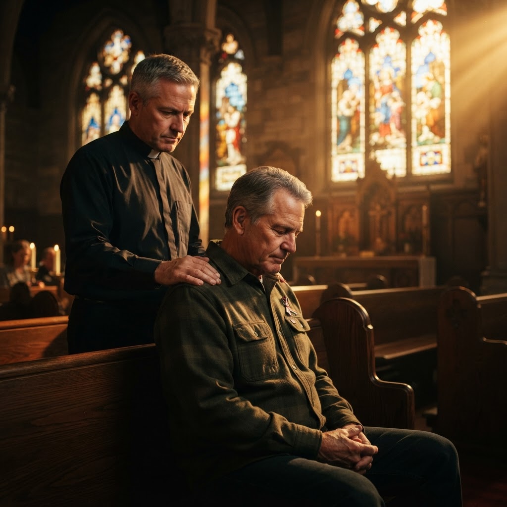 Pastor praying with a military veteran
