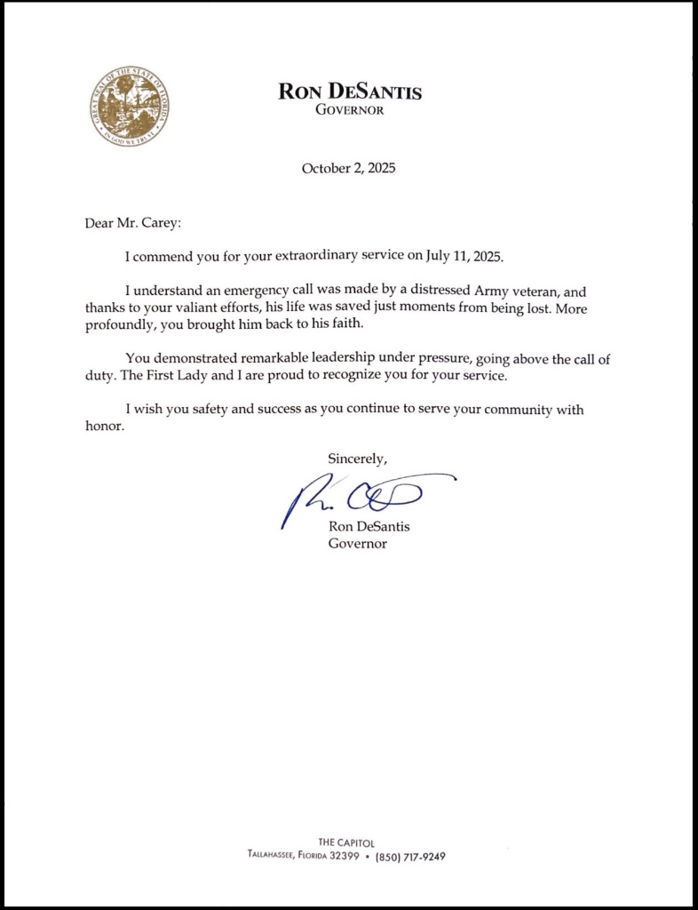 Letter from Governor Ron DeSantis commending Bible Operator