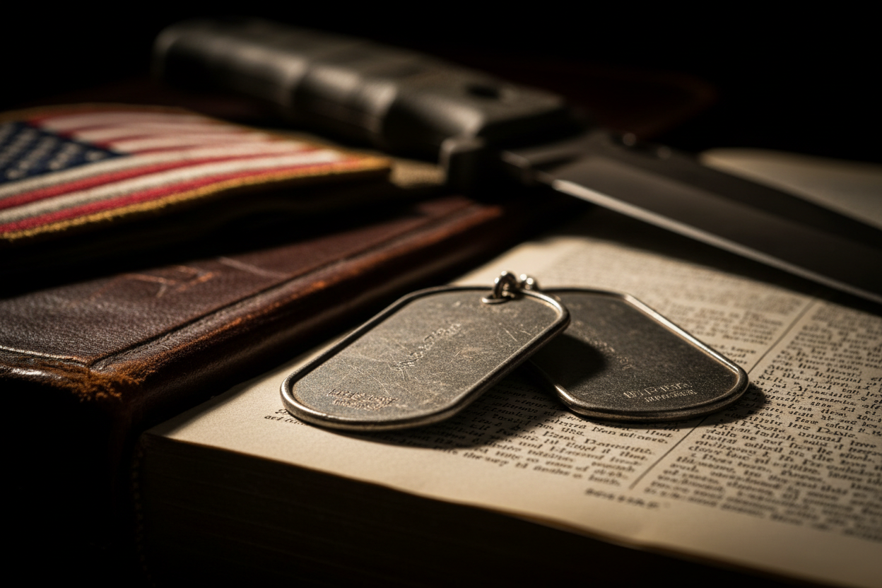 Dog tags on Bible representing the mission