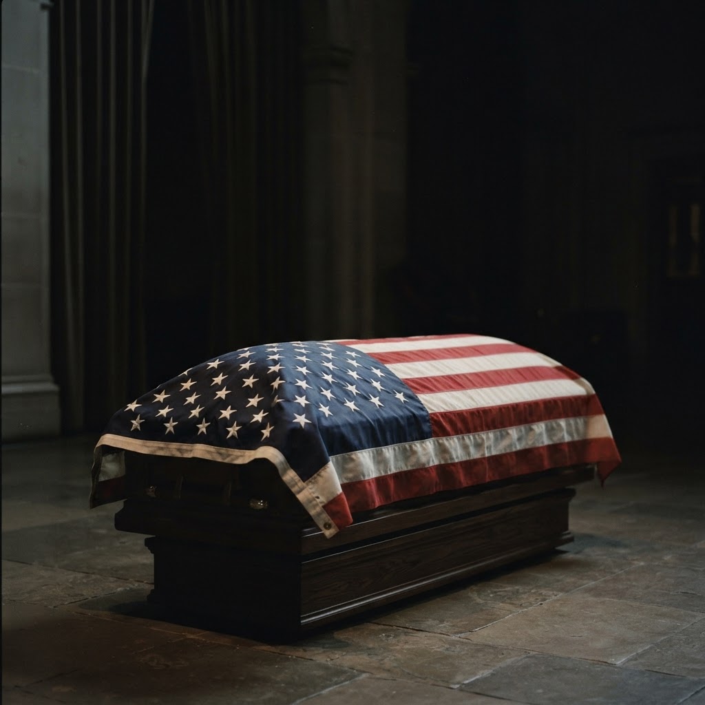 An American flag draped over a military casket