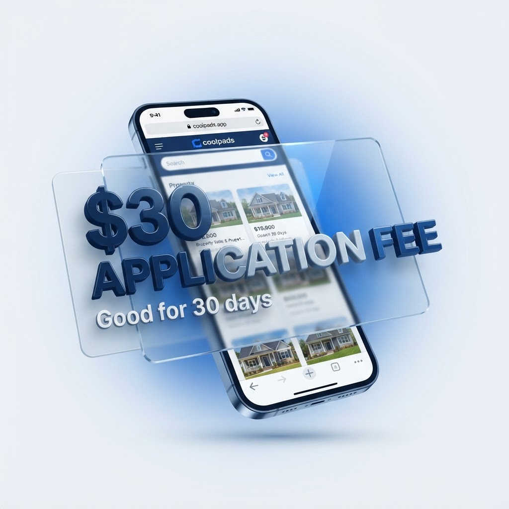 $30 application fee good for 30 days — coolpads.app shown on a cell phone