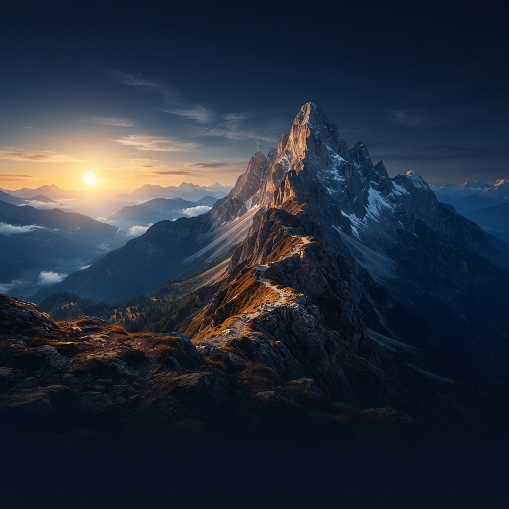 Sunrise over a dramatic alpine mountain ridge