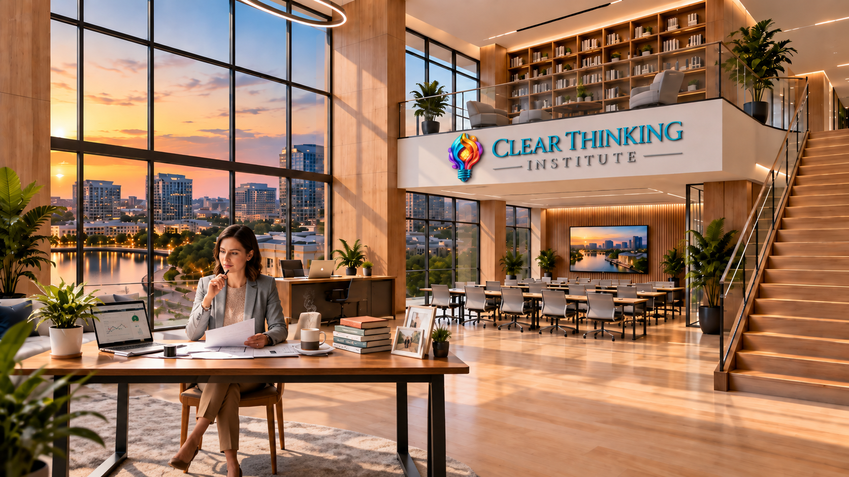 Clear Thinking Institute — modern professional office at sunset