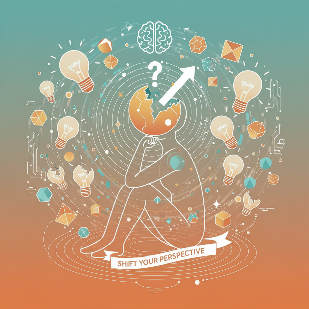 Challenging conventional wisdom - abstract mindset shift visual with geometric shapes and light bulbs