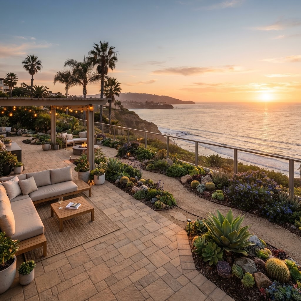 Beautiful San Diego coastal landscape design with pavers and drought-tolerant plants