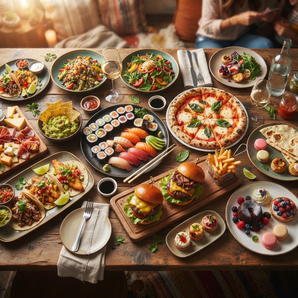 Overhead cinematic spread of colorful dishes