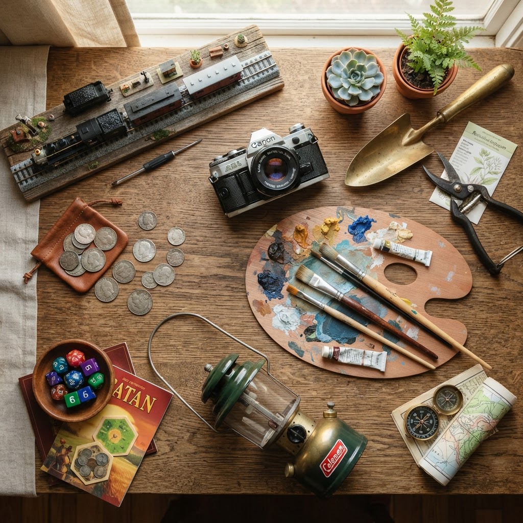 Flat-lay of model trains, gardening, crafts and collectibles