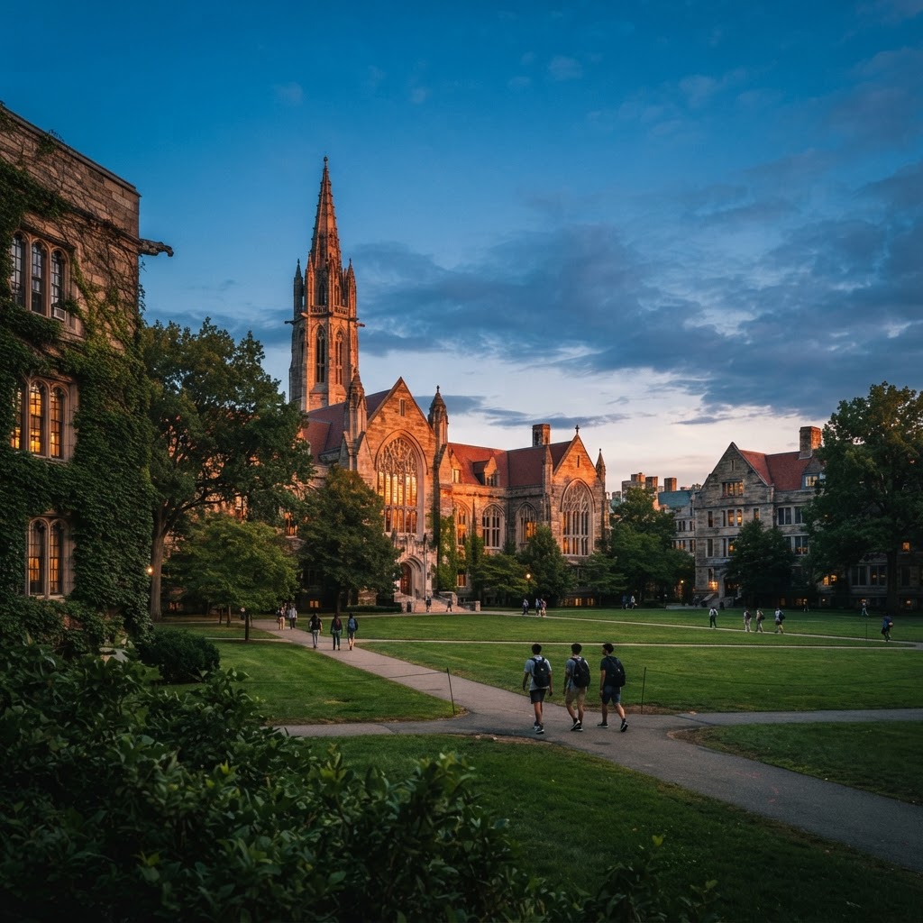 Ivy-covered gothic university campus at golden hour