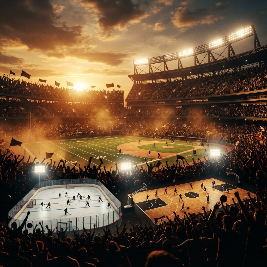 Roaring multi-sport stadium at golden hour