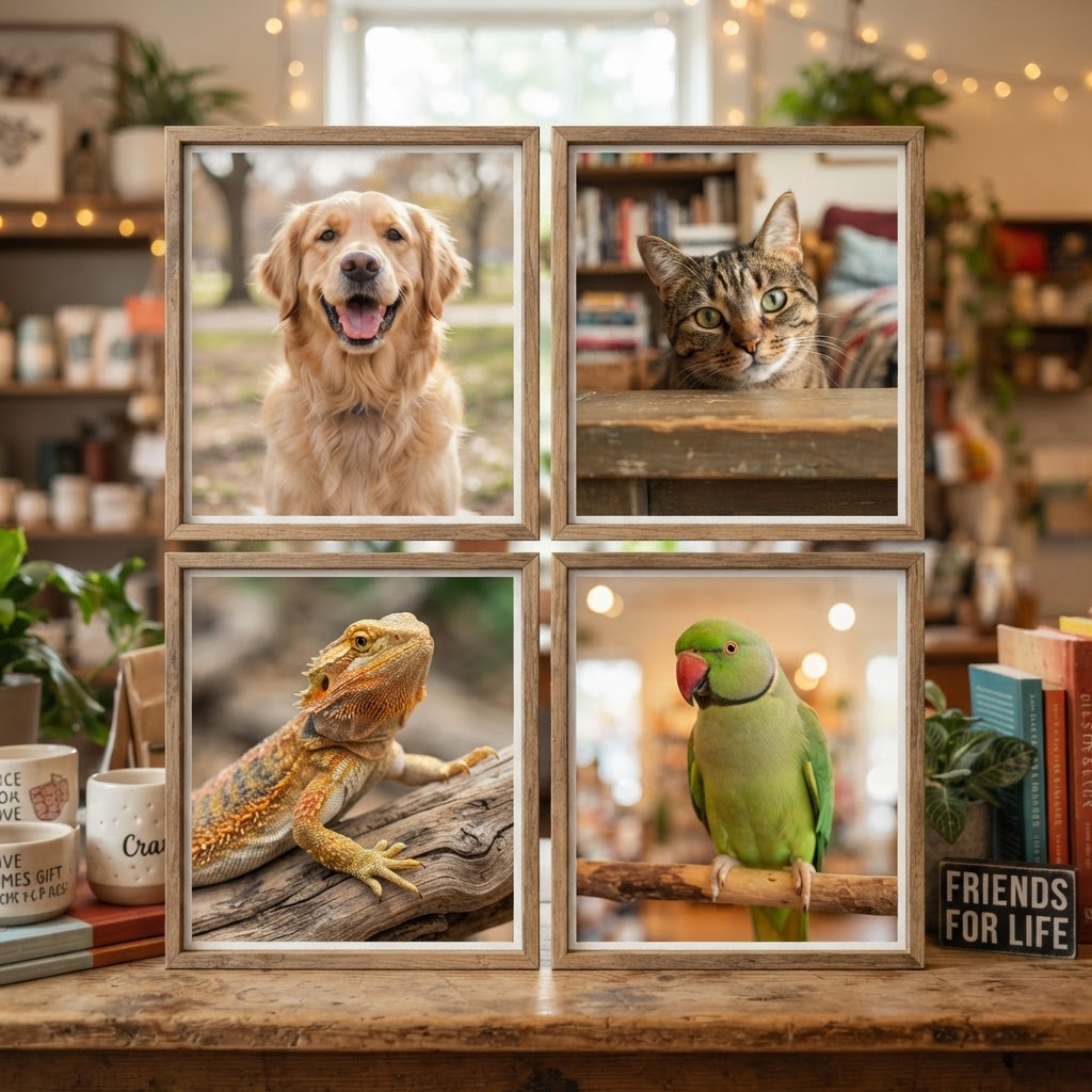 Happy dog, cat, lizard and parrot portrait