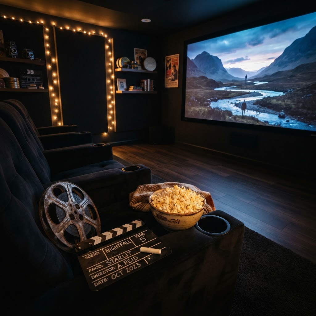 Cinematic movie night with popcorn and screen glow
