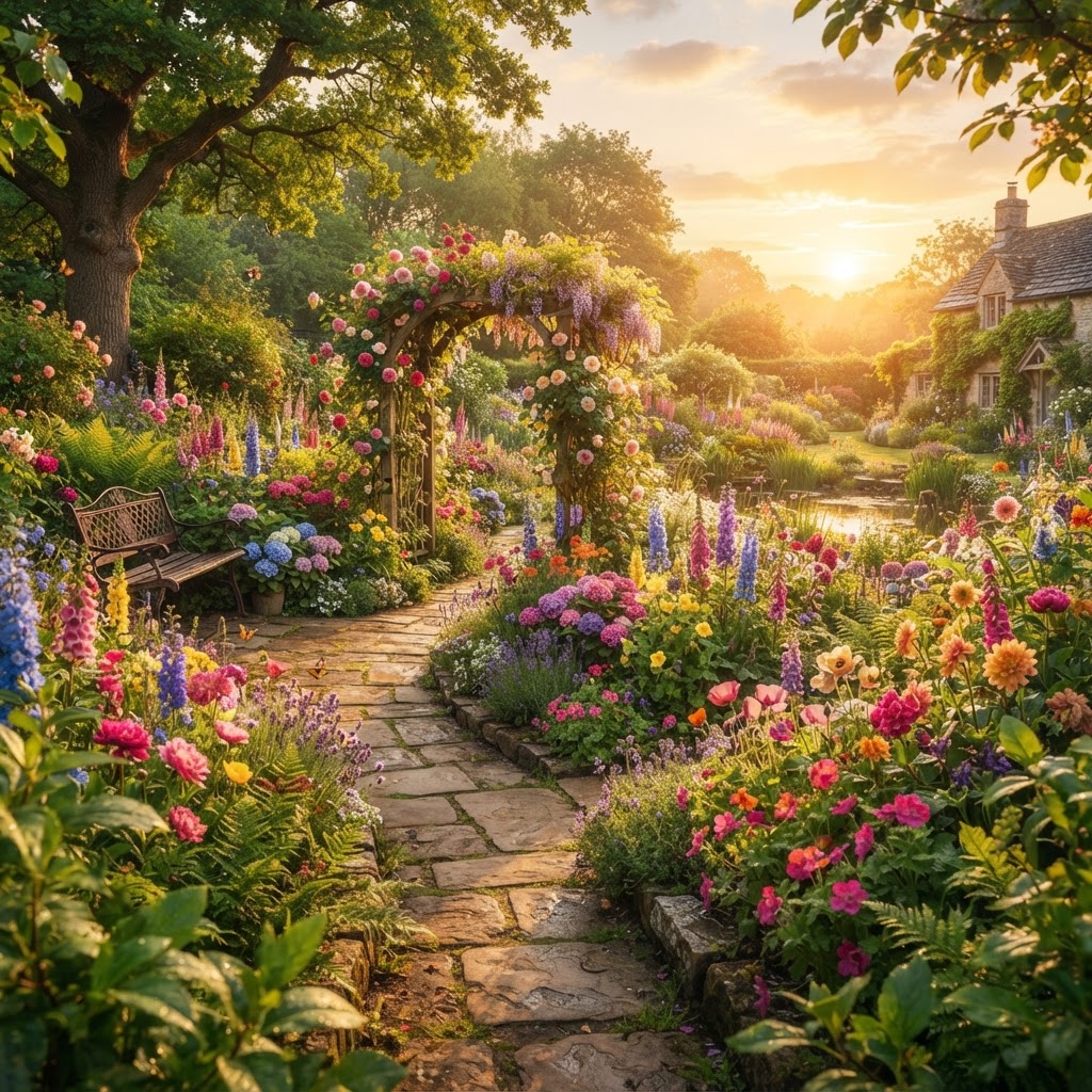 Lush garden in full bloom at golden hour