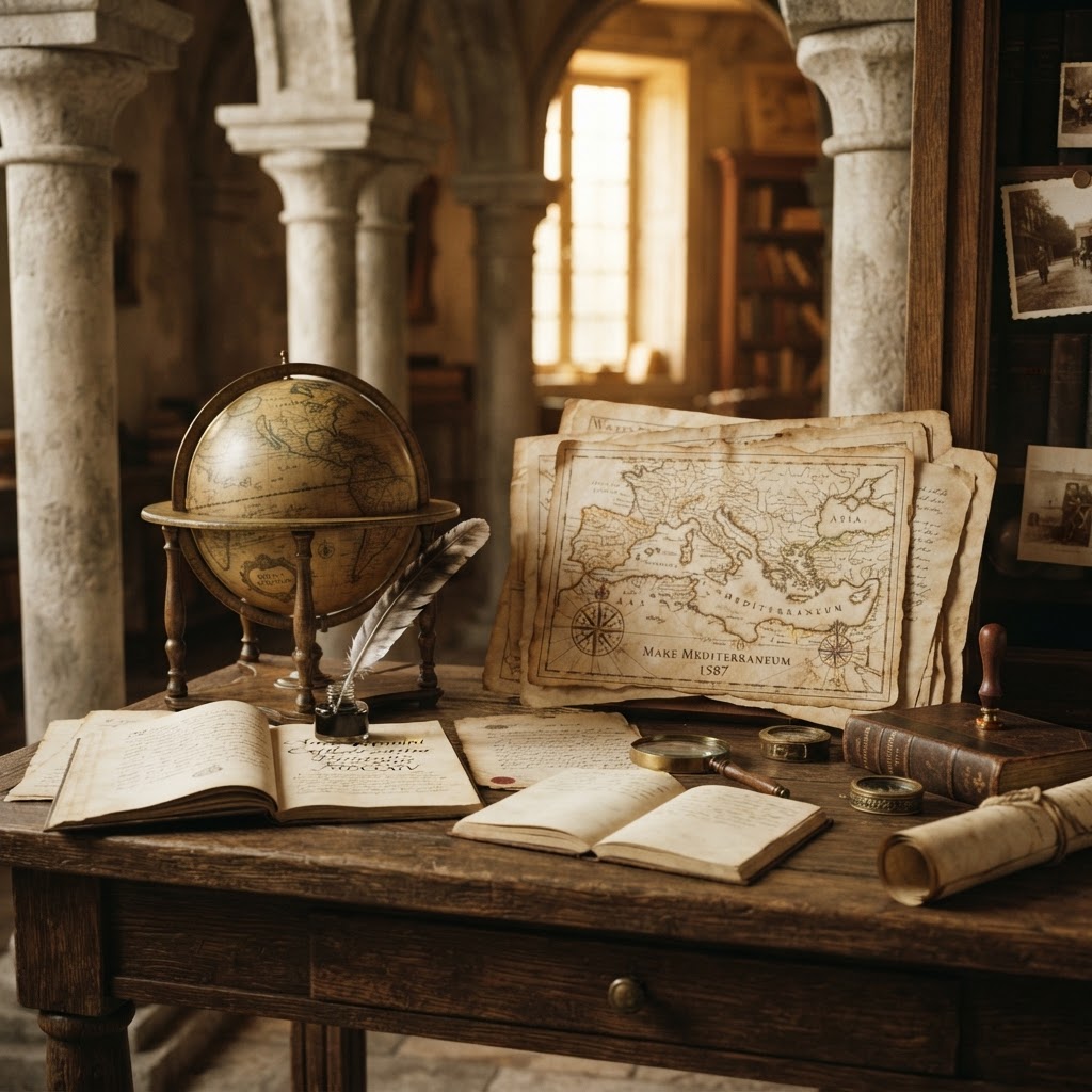 Aged maps, documents and classical architecture