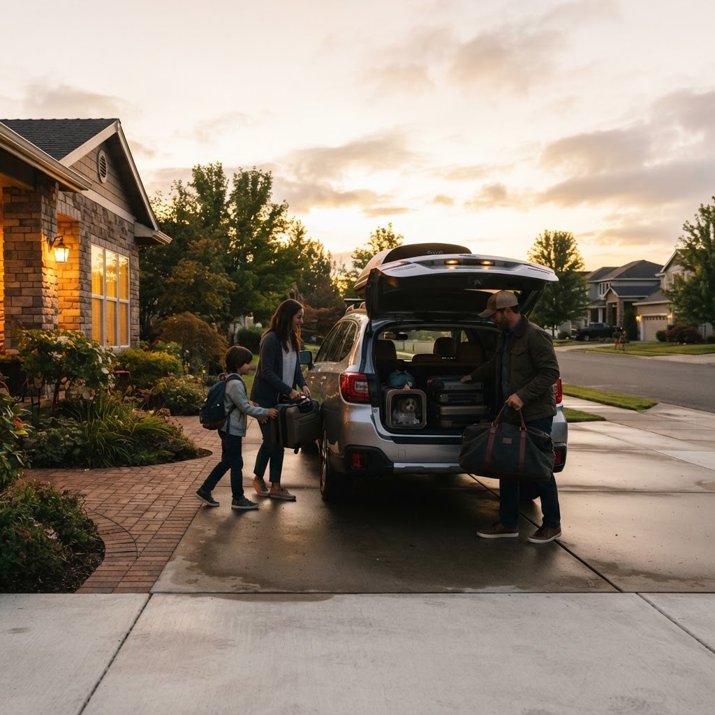 A family loading their vehicle for an organized evacuation at dawn