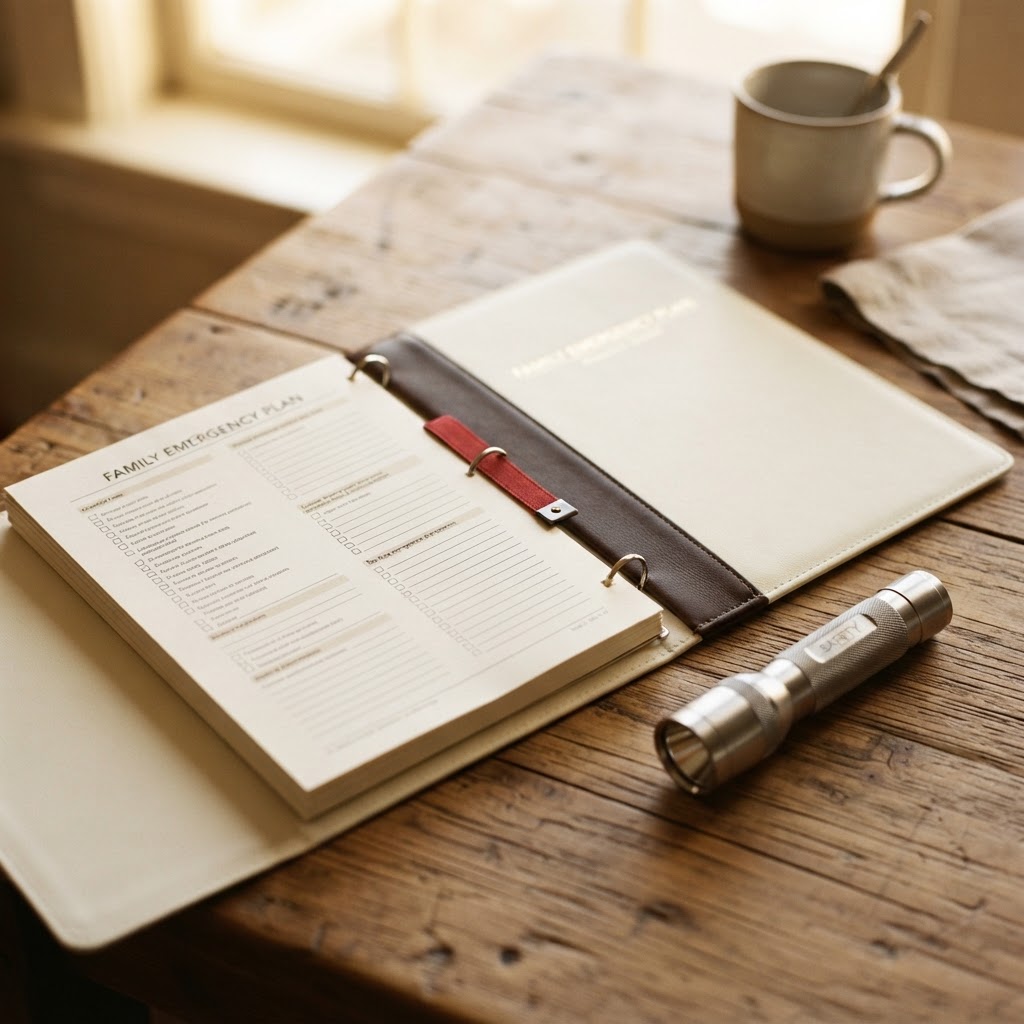 A printed family emergency plan binder on the kitchen table