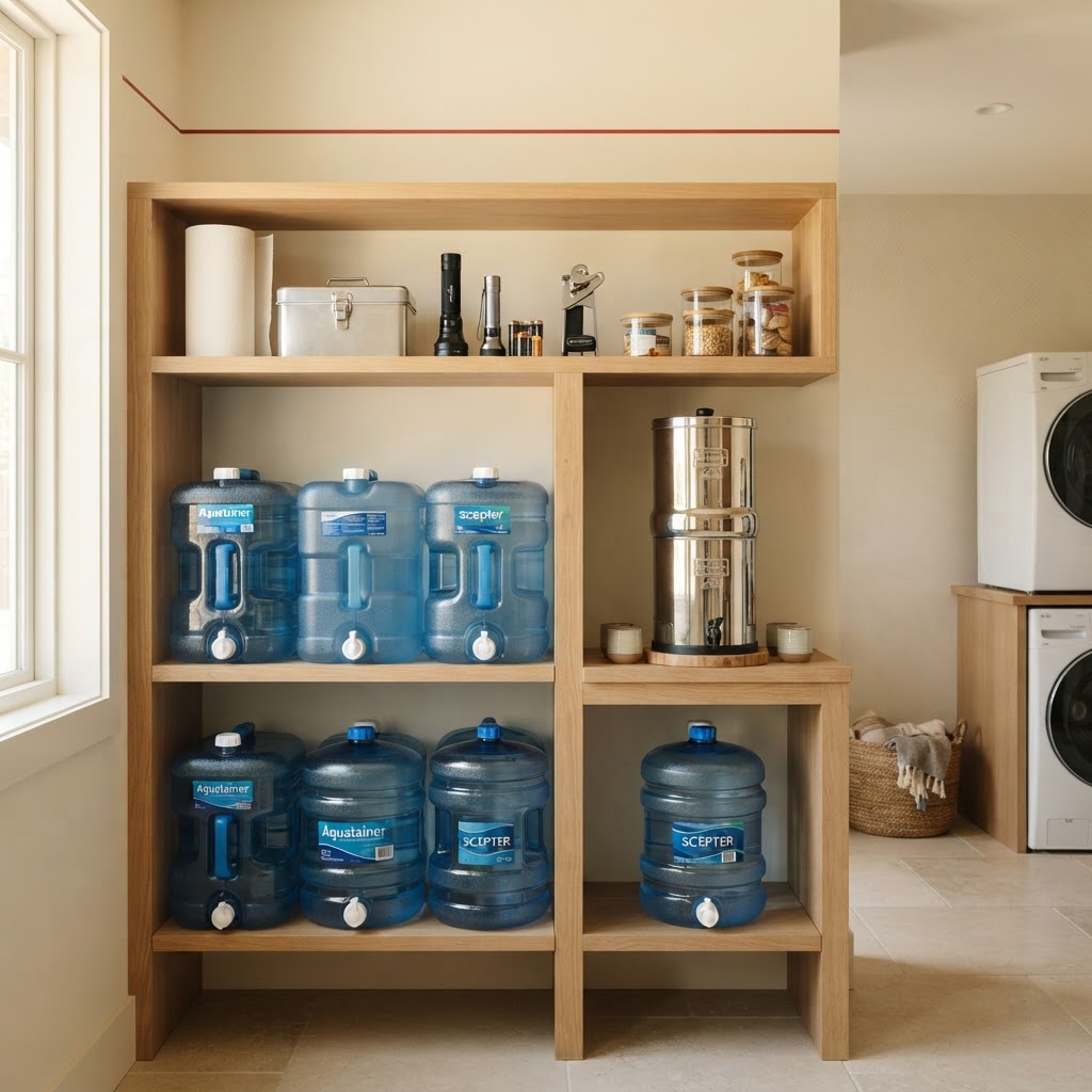 Household emergency water storage, organized and ready
