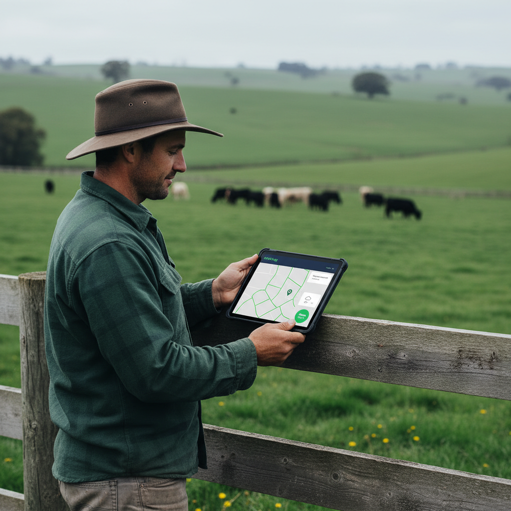 mitch.ag farm management app showing paddocks, livestock, tasks, weather-aware planning, and Ask Mitch support.