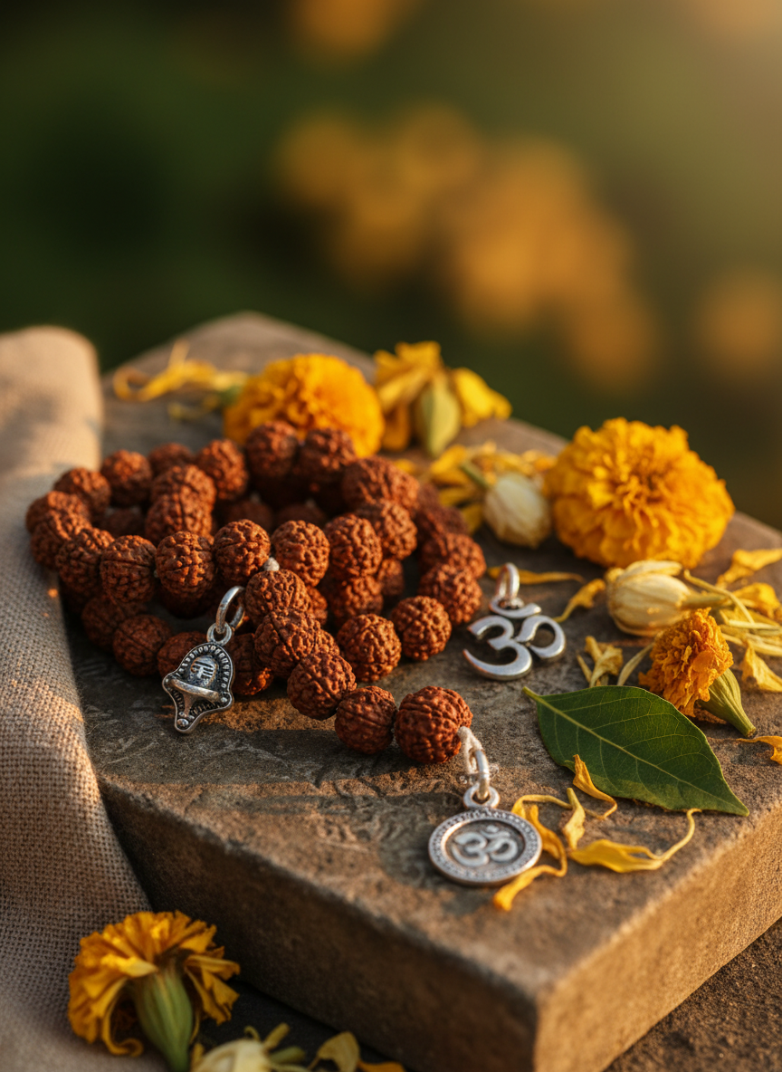 Rudraksha beads and spiritual jewellery on ancient stone