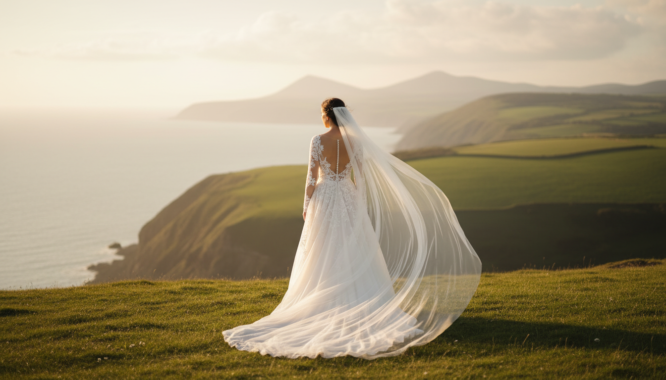 Bride standing on North Wales cliffside at golden hour with flowing veil