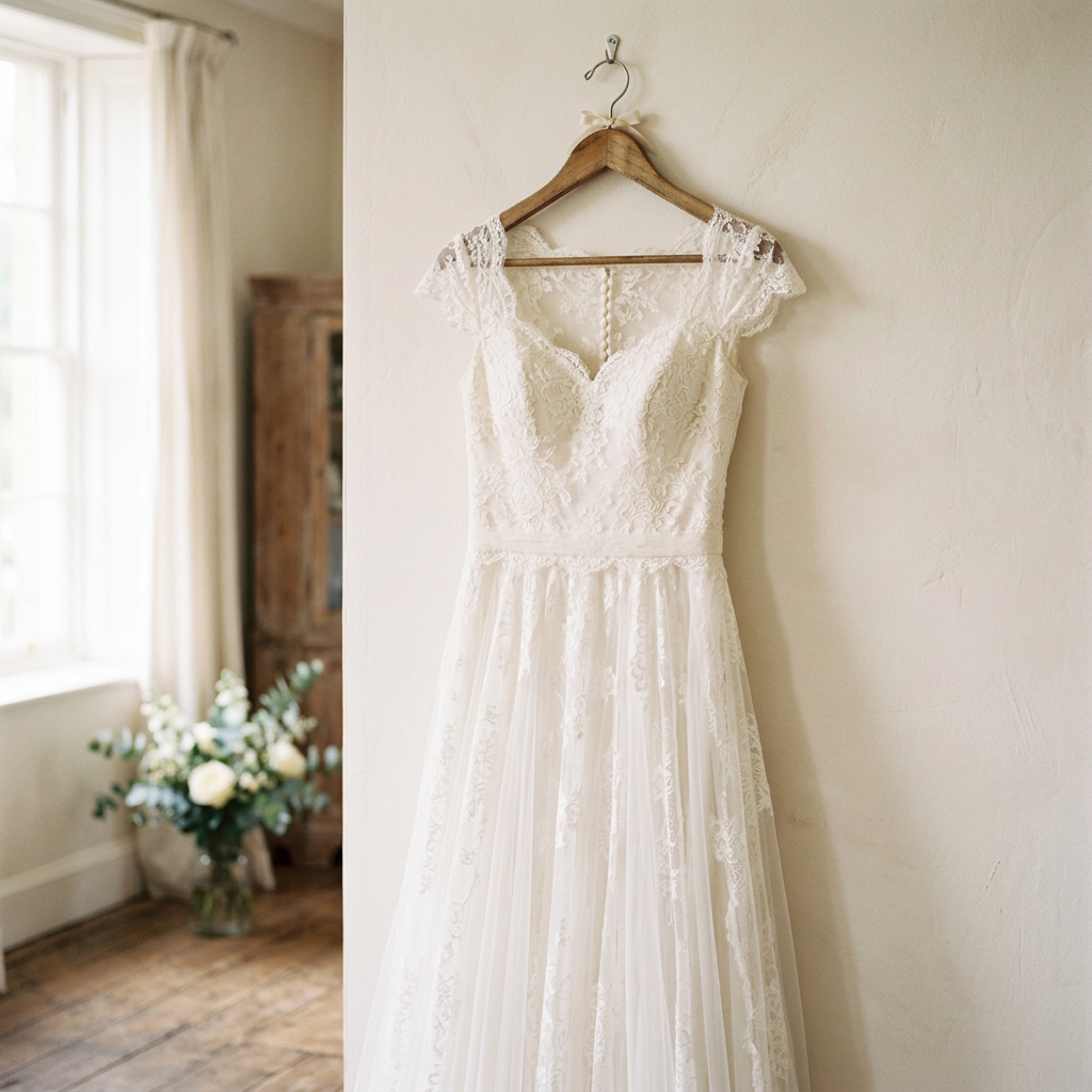 Beautiful preloved wedding dress hanging elegantly