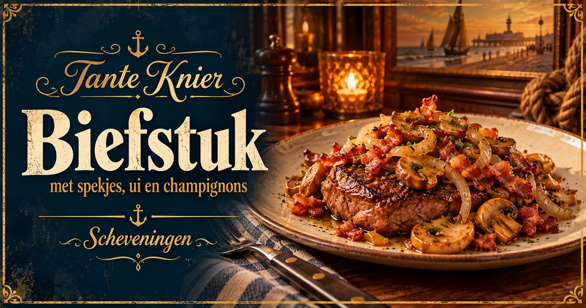 AI-sfeerimpressie van biefstuk met spekjes, ui en champignons in warme cafésfeer