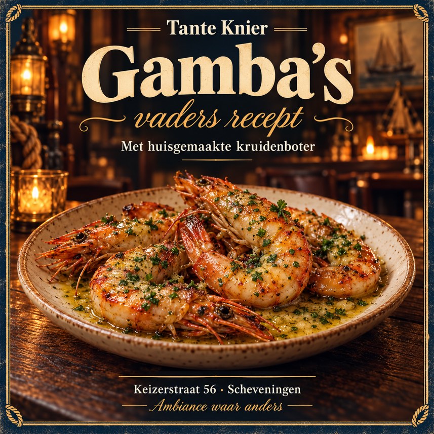 Sfeerimpressie van gamba’s met huisgemaakte kruidenboter bij Tante Knier (AI-gegenereerde afbeelding, geen echte gerechtfoto)