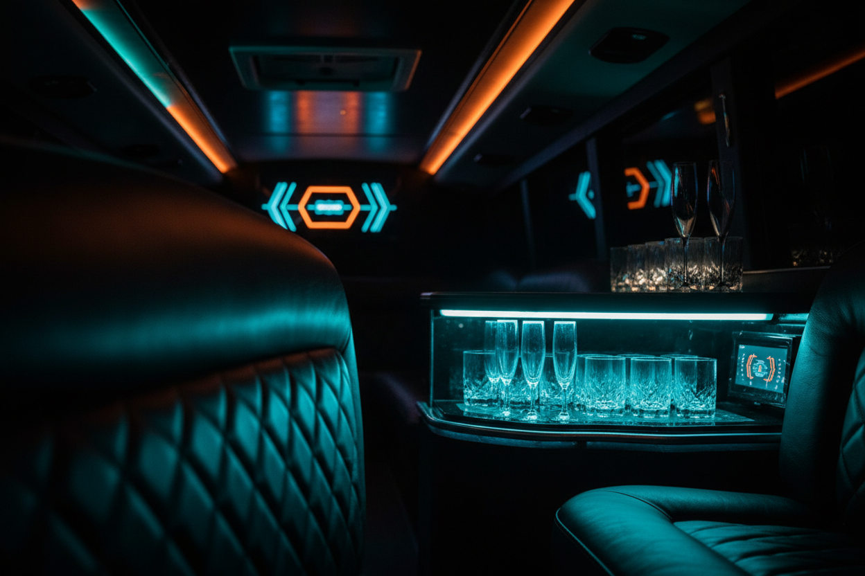 U-shaped seating dance pole party van interior