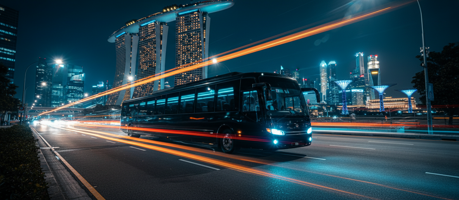 Partybus.sg premium party bus driving through Singapore