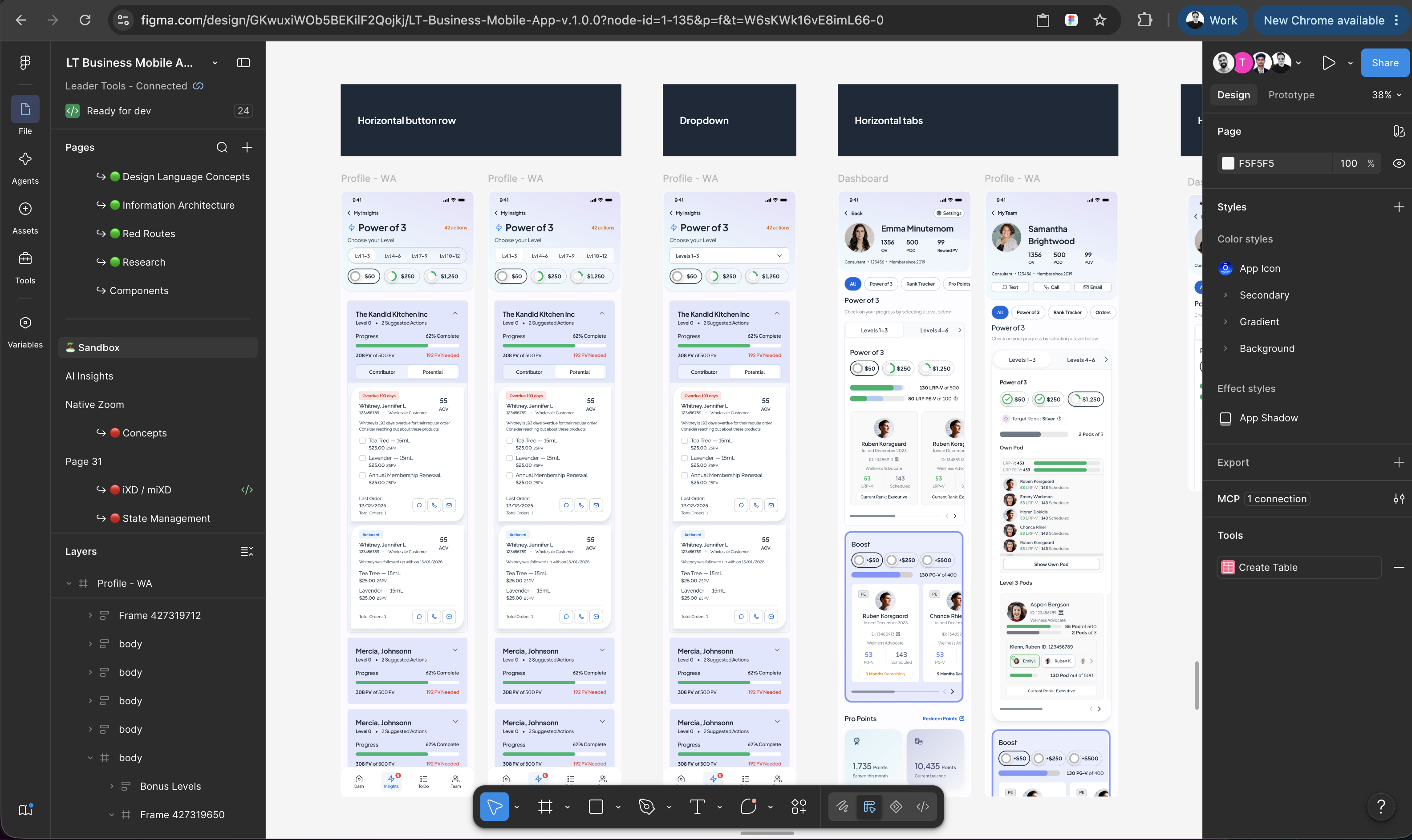 dōTERRA Pro Power of 3, Rank Tracker and Team screens in Figma