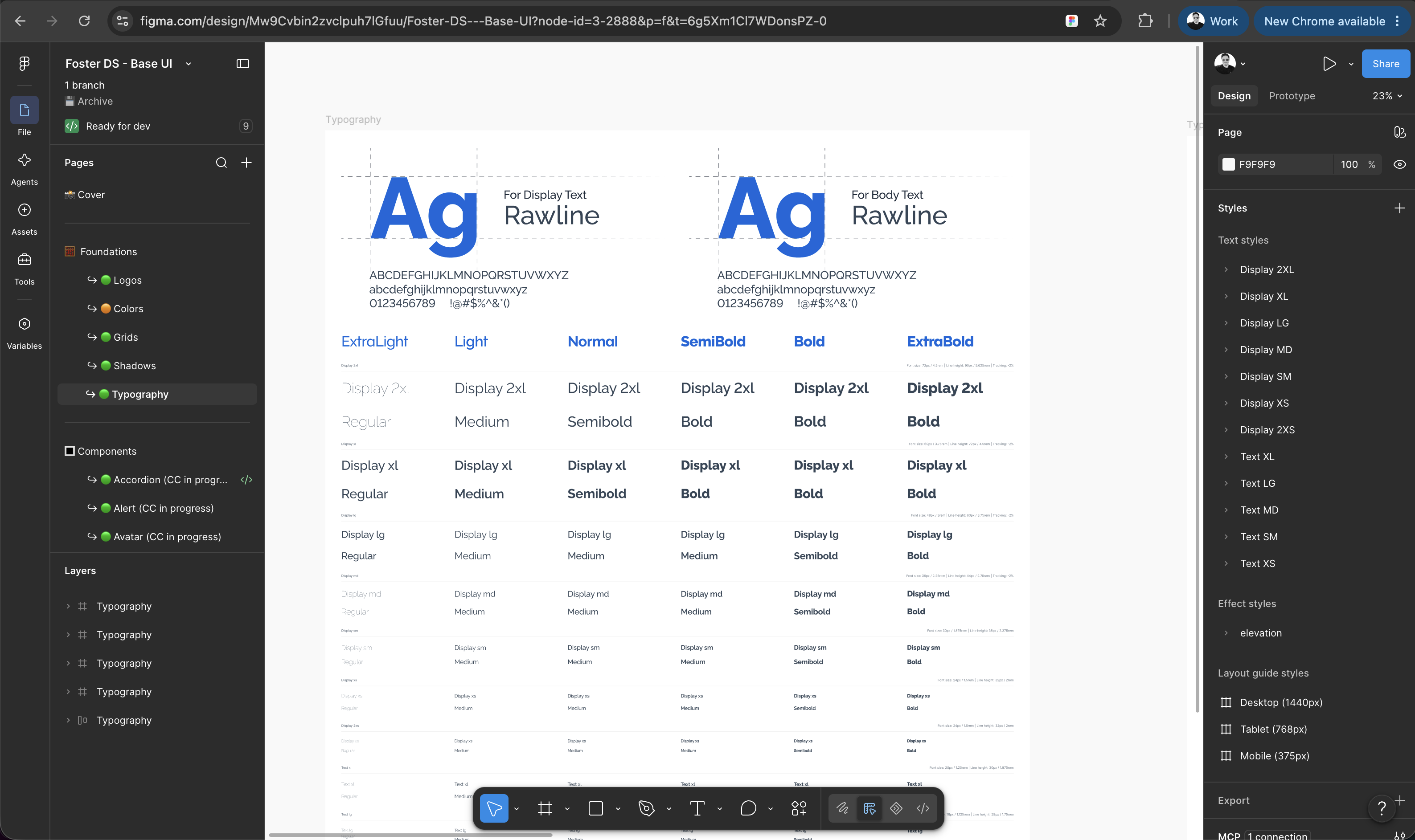 Foster DS — Rawline typography scale specification in Figma