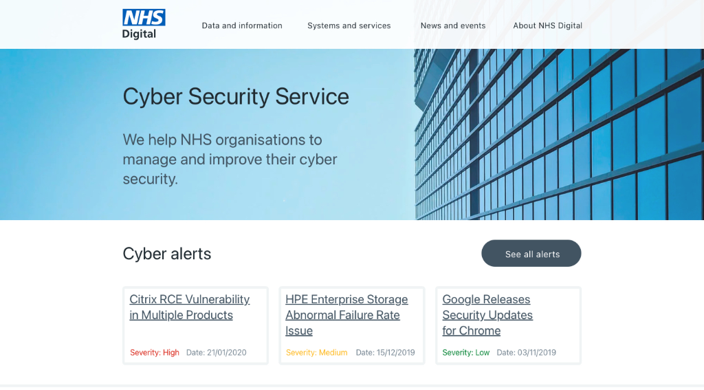 NHS Digital Cyber Security Service — hero and cyber alerts