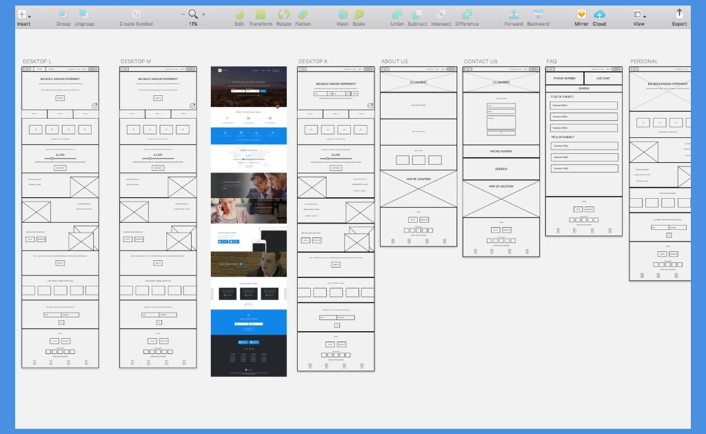 Desktop wireframe set B — iterations H through K