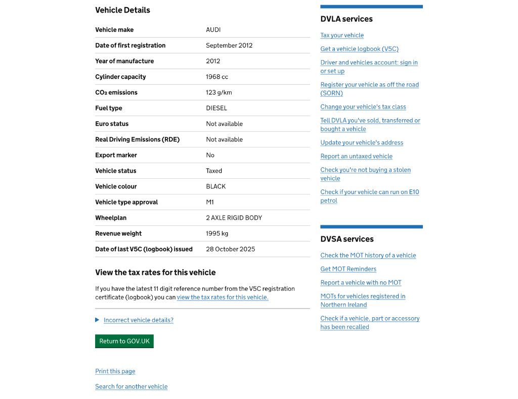 Vehicle found — full vehicle details and DVLA/DVSA services sidebar