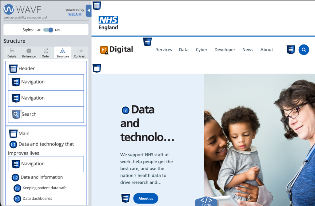 WAVE structure audit — NHS Digital heading hierarchy and landmark regions