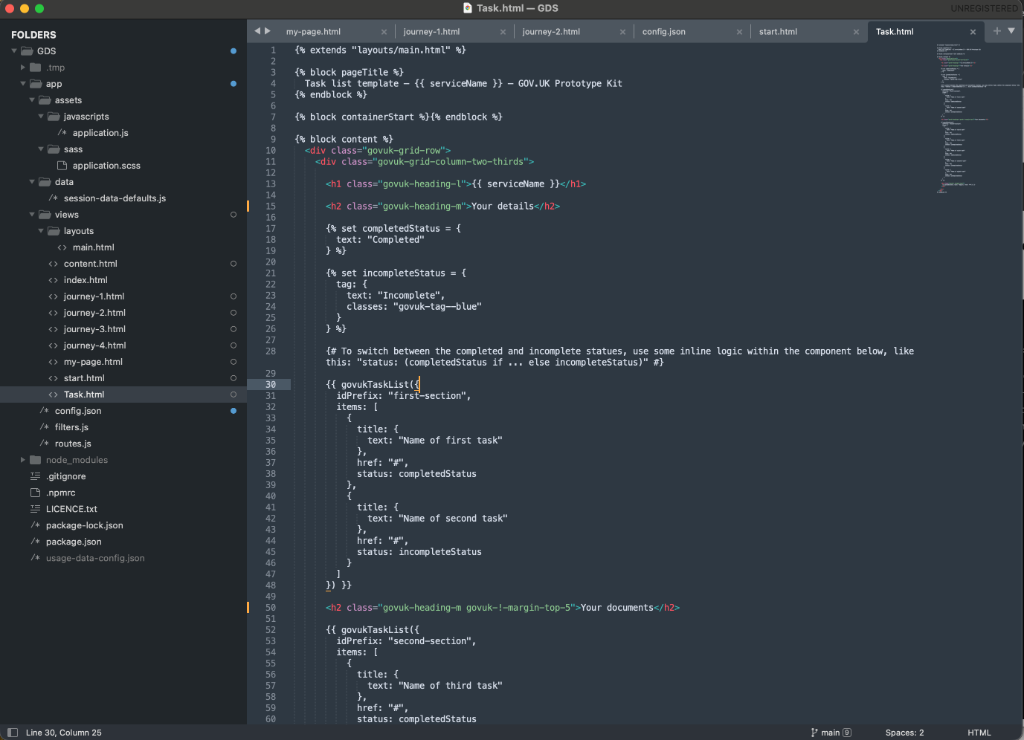 GOV.UK Prototype Kit — Task.html Nunjucks code in VS Code