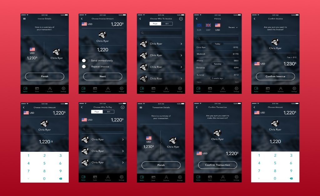 WhitesPay screens — invoice and wallet flows