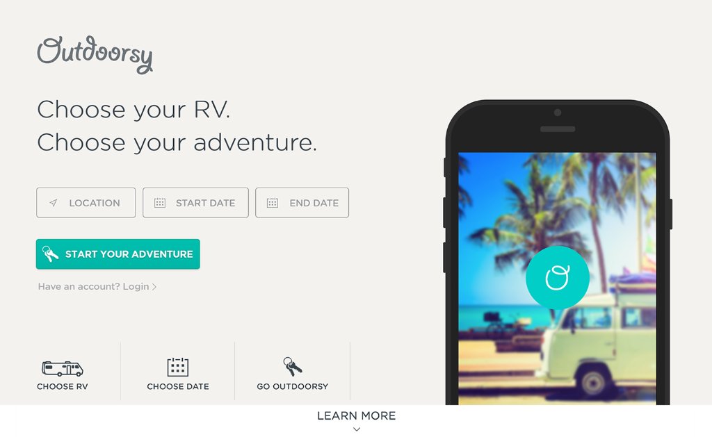 Outdoorsy homepage — location, dates, and search