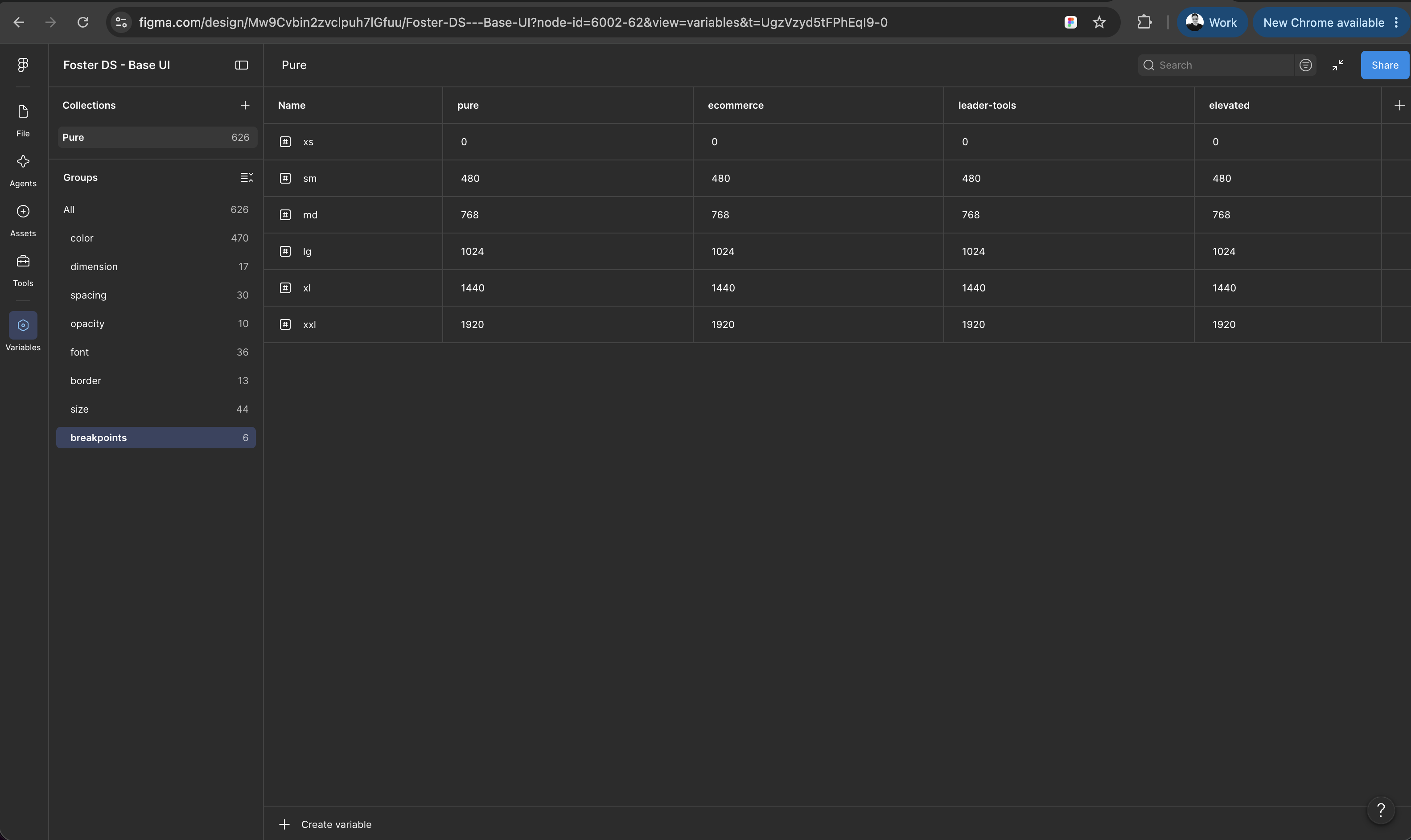 Foster DS — breakpoints variable collection in Figma