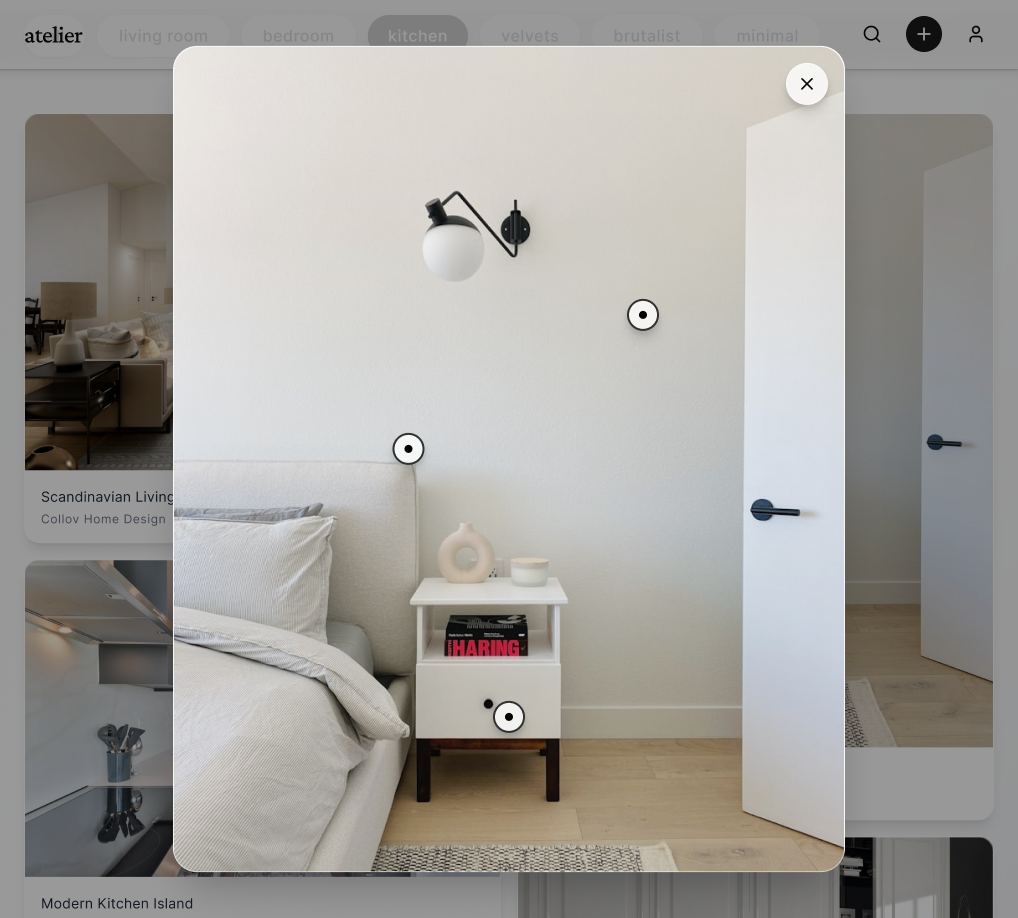 Atelier — Lightbox image view with tag pins