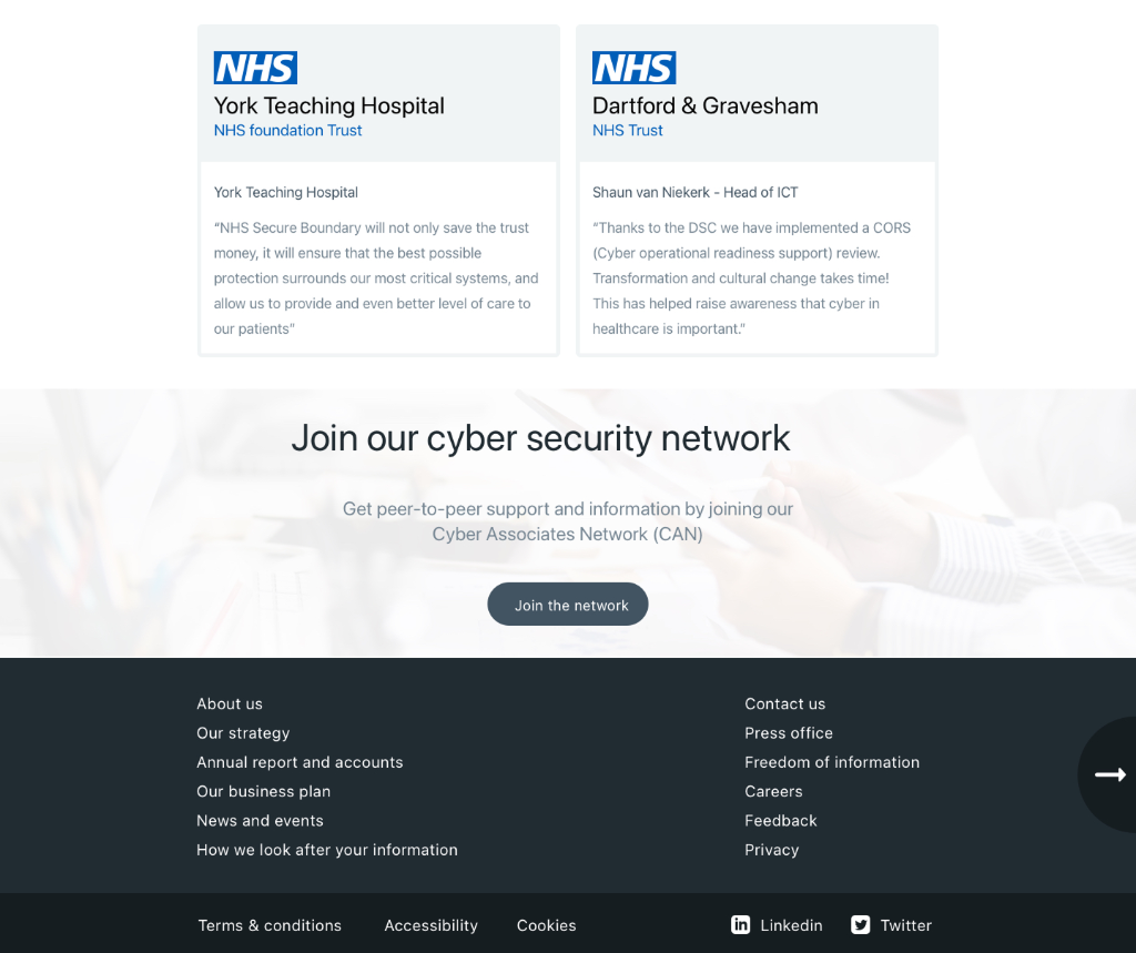 NHS Digital DSC Hub — trust testimonials and network CTA