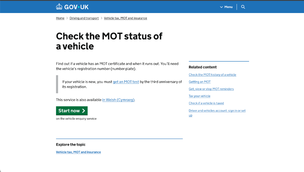 GOV.UK start page — Check MOT status