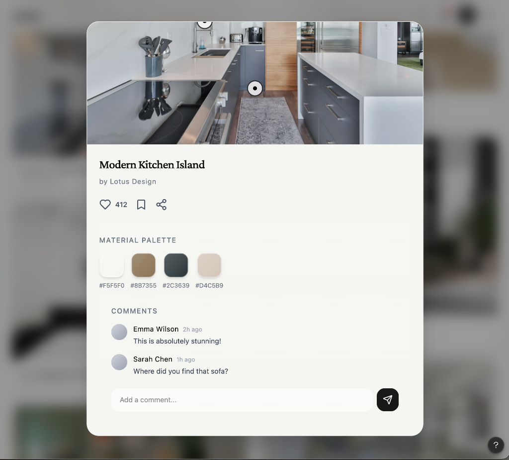 Atelier — Post detail with material palette and comments